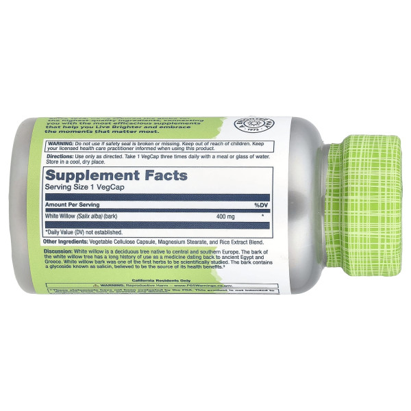 Белая ива Solaray (White Willow) 400 мг 100 капсул