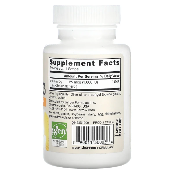 Вітамін D3 холекальциферол Jarrow Formulas (Vitamin D3) 1000 МО 100 капсул