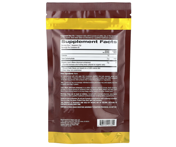Їжовик гребінчастий California Gold Nutrition (Certified Organic Lion's Mane Powder) 120 г