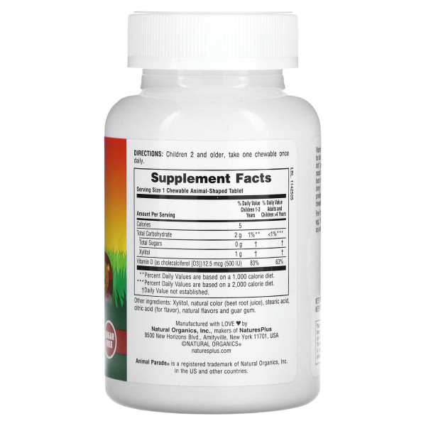 Вітамін Д3 зі смаком чорної вишні, без цукру Natures Plus (Vitamin D3, Animal Parade) 500 МО 90 цукерок