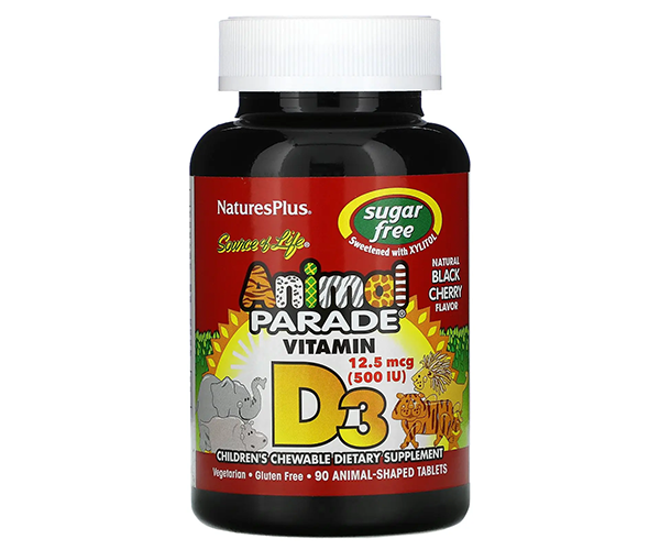 Вітамін Д3 зі смаком чорної вишні, без цукру Natures Plus (Vitamin D3, Animal Parade) 500 МО 90 цукерок