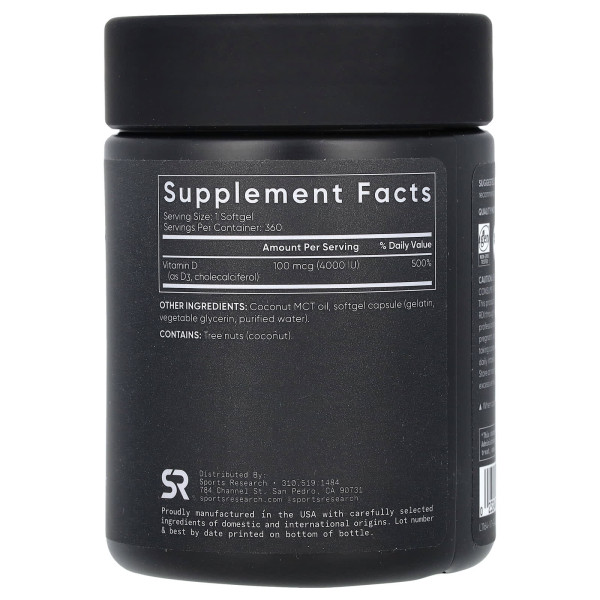 Витамин Д3 Sports Research Vitamin D3 100 мкг 4000 МЕ 360 мягких таблеток