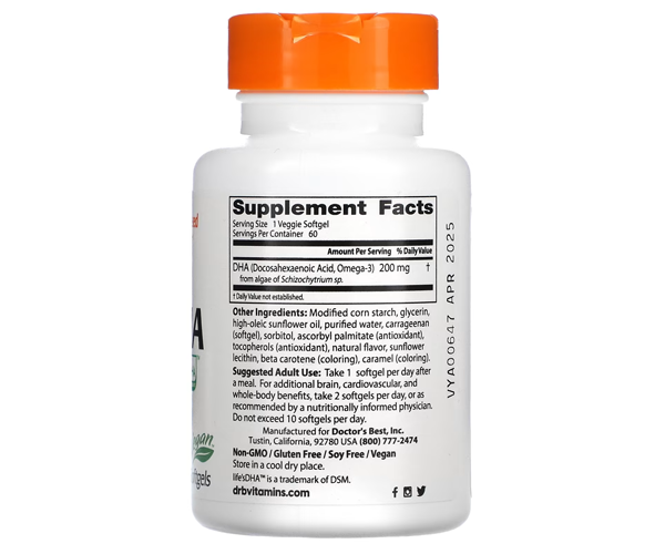 ДГК докозагексаеновая кислота Doctor's Best (Best Vegetarian DHA) 200 мг 60 капсул