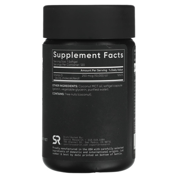 Вітамін D3 Sports Research (Vitamin D3) 250 мкг (10 000 МО) 120 м'яких таблеток