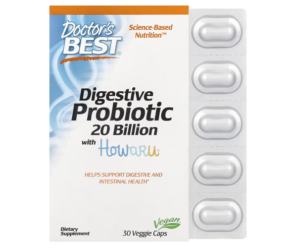 Пробиотики для пищеварения Doctor's Best (Digestive Probiotic with Howaru) 20 млрд КОЕ 30 капсул
