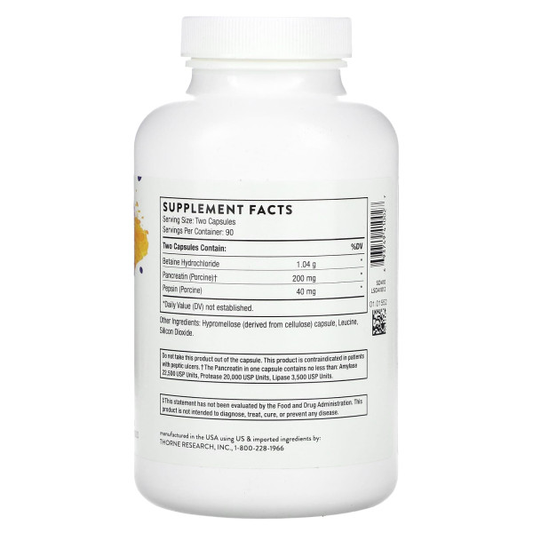 Травні ферменти Бетаїн/Пепсин/Панкреатин Thorne Research  (Digestive enzymes) 1040/40/200мг 180 капсул