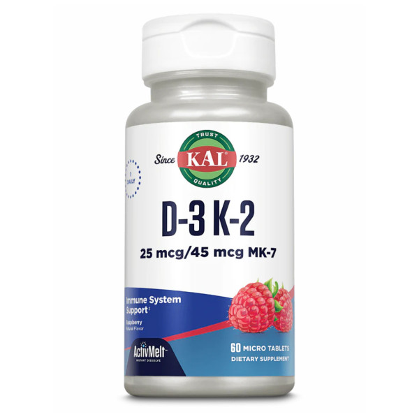 Витамины Д3 и K2 KAL (Vitamin D-3 K-2) 1000 МЕ/45 мкг 60 таблеток со вкусом красной малины