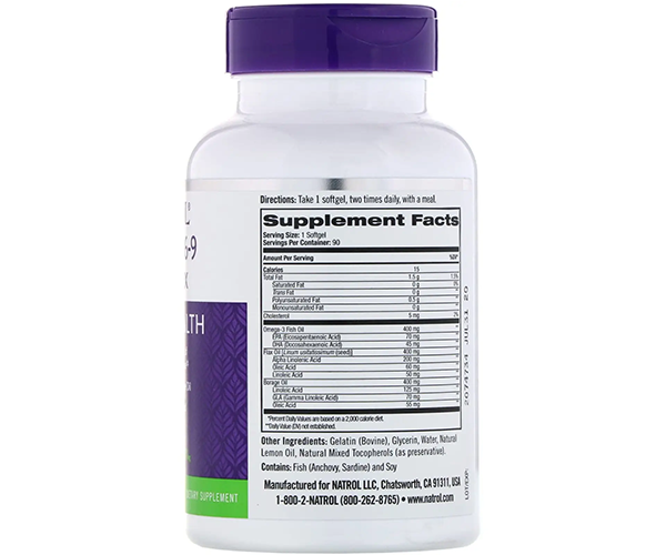 Комплекс Омега 3-6-9 Natrol (Omega 3-6-9, complex) 1200 мг 90 капсул зі смаком лимона