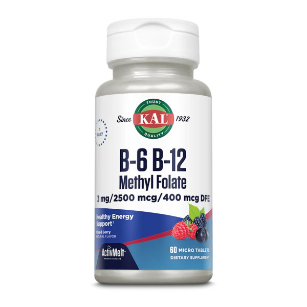 Витамины B-6 B-12 и метилфолат KAL (B-6 B-12 methyl folate) 3 мг/2500 мкг/400 мкг 60 таблеток со вкусом ягод
