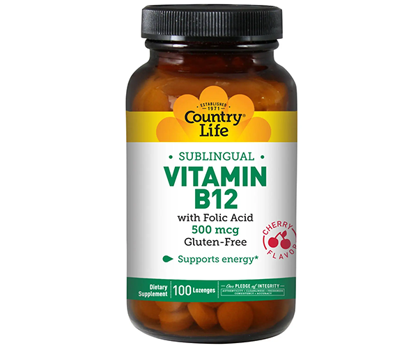 Витамин В-12 и фолиевая кислота Country Life (Vitamin B12) 500 мкг/400 мкг 100 леденцов со вкусом вишни
