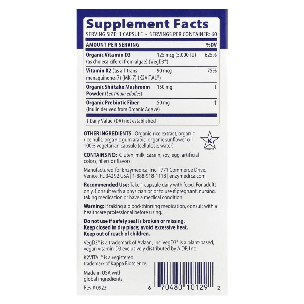Вітамін D3 + K2 Enzymedica (Vitamin D3 + Vitamin K2) 60 капсул