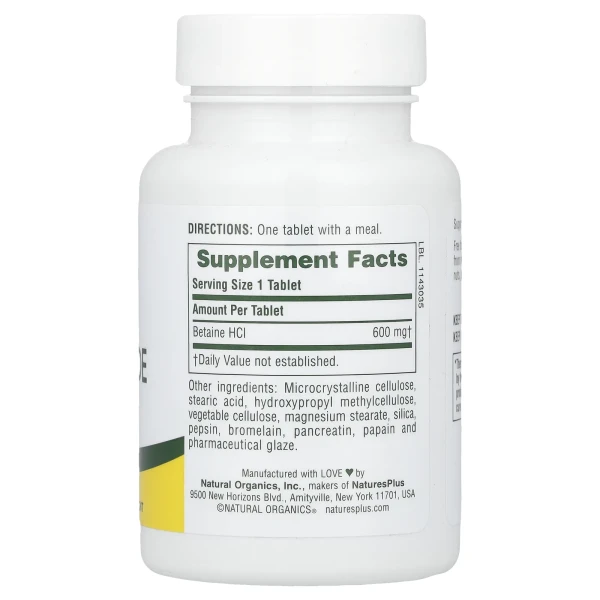 Бетаїну гідрохлорид Natures Plus  (Betaine Hydrochloride) 600 мг 90 таблеток