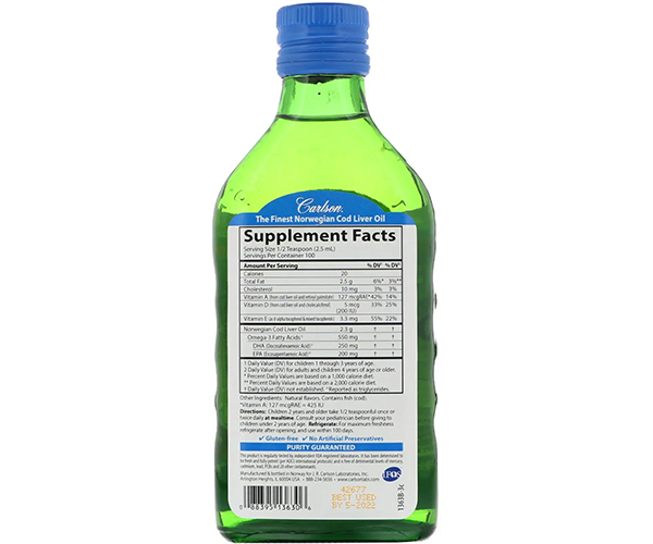 Риб'ячий жир (рідкий) з печінки тріски для дітей Carlson Labs (Cod liver oil) 250 мл зі смаком 