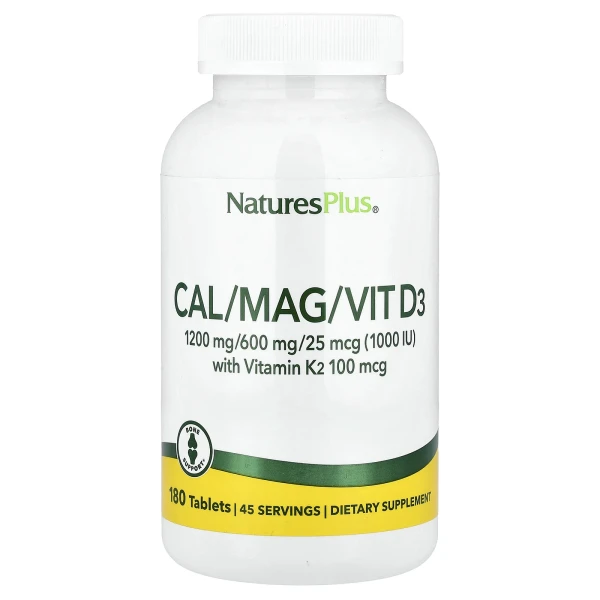 Кальцій, магній та вітамін D3 з вітаміном K2 Natures Plus (Cal/Mag/Vit D3, Vitamin K2) 180 таблеток
