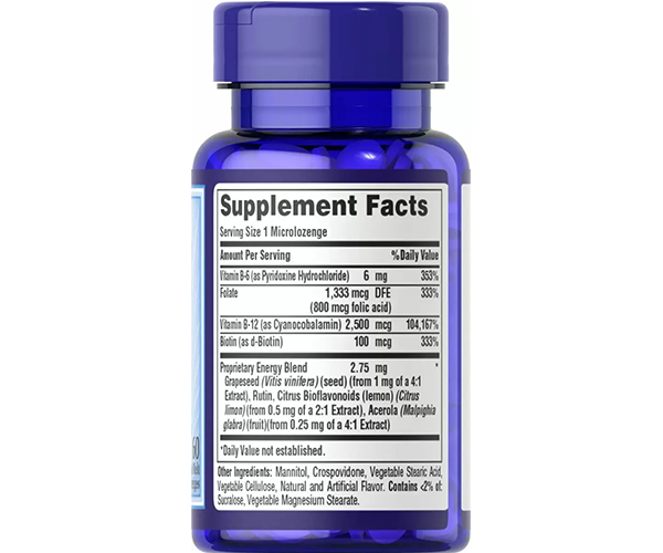 Витамин B-12 с фолиевой кислотой, витамином B-6 и биотином Puritan's Pride (Sublingual Vitamin B-12) 2500 мкг 60 леденцов