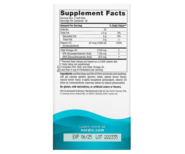 Риб'ячий жир з вітаміном D Nordic Naturals  (Ultimate Omega 2X) 2150 мг/1000 МО 60 капсул зі смаком лимона