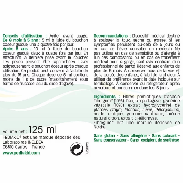 Сироп от сухого и влажного кашля Pediakid (Toux Seche et Grasse) 125 мл со вкусом лимона