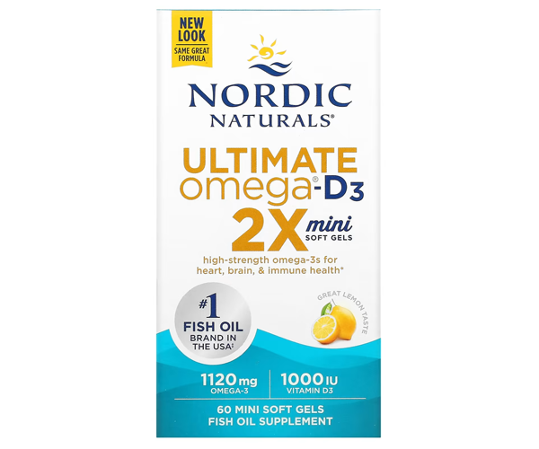 Рыбий жир мини с витамином D Nordic Naturals (Ultimate Omega 2X mini) 1120 мг/1000 МЕ 60 капсул со вкусом лимона