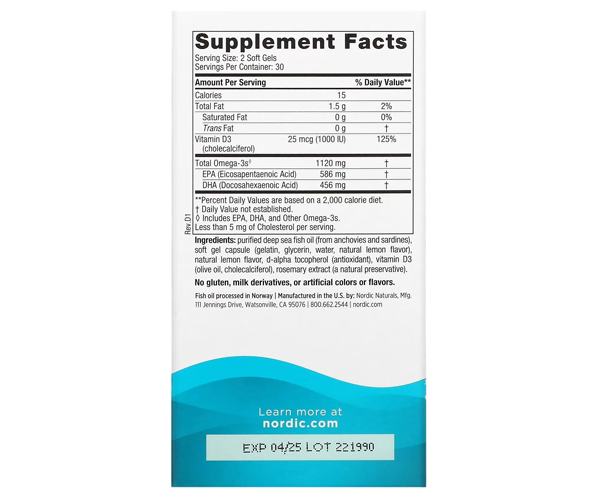 Рыбий жир мини с витамином D Nordic Naturals (Ultimate Omega 2X mini) 1120 мг/1000 МЕ 60 капсул со вкусом лимона