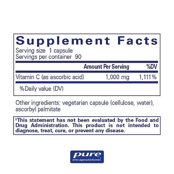 Аскорбінова кислота у капсулах Pure Encapsulations  (Ascorbic Acid Capsules) 1000 мг 90 капсул