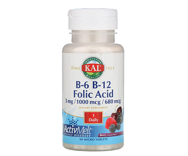 Витамины B-6 B-12 фолиевая кислота KAL (B-6 B-12 Folic Acid) 3 мг/400 мкг/1000 мкг 60 таблеток со вкусом ягод
