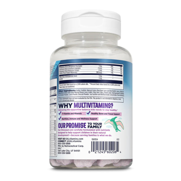 Мультивитамины и минералы для детей KAL (MultiSaurus Vitamins and Minerals Dinosaurs) 90 жевательных конфет со вкусом ягод, апельсина и винограда