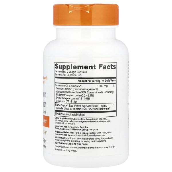 Куркумин С3 комплекс с биоперином Doctor's Best (Curcumin C3) 500 мг 120 капсул