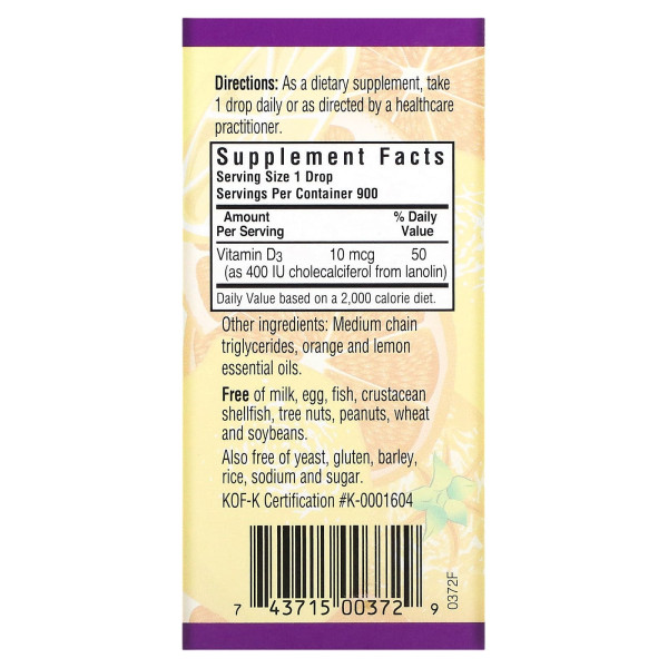 Жидкий витамин D3 Bluebonnet Nutrition (Liquid Vitamin D3 Drops) 400 МЕ 30 мл со вкусом апельсина