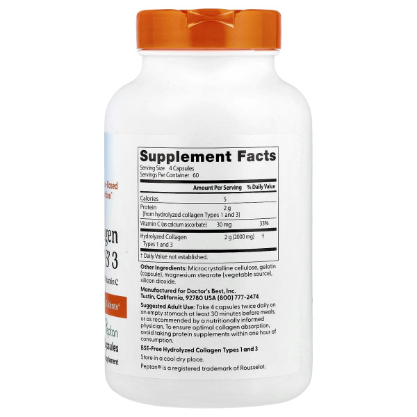 Колаген 1 та 3 типу Doctor's Best  (Collagen types 1 and 3) 500 мг 240 капсул