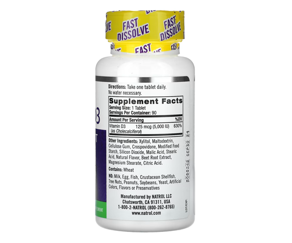 Витамин D3 Natrol (Vitamin D3) 5000 МЕ 90 таблеток со вкусом клубники