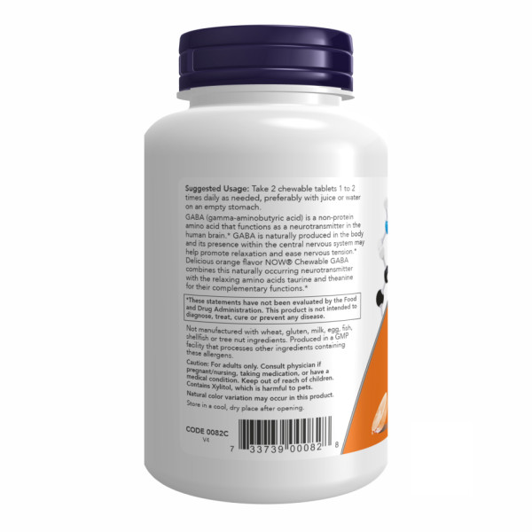 ГАМК NOW Foods (Гамма-аминомасляная кислота) (GABA) 250 мг с апельсиновым вкусом 90 таблеток