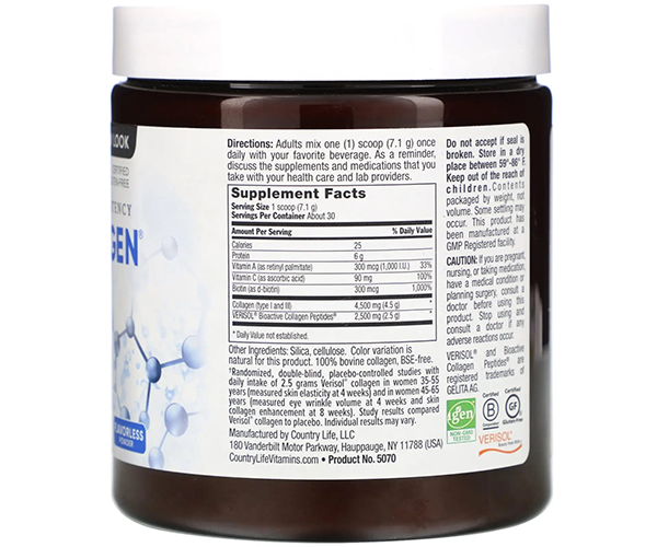 Коллаген макси с витамином А и С плюс биотин Country Life (Maxi-Collagen C and A plus Biotin) 213 г