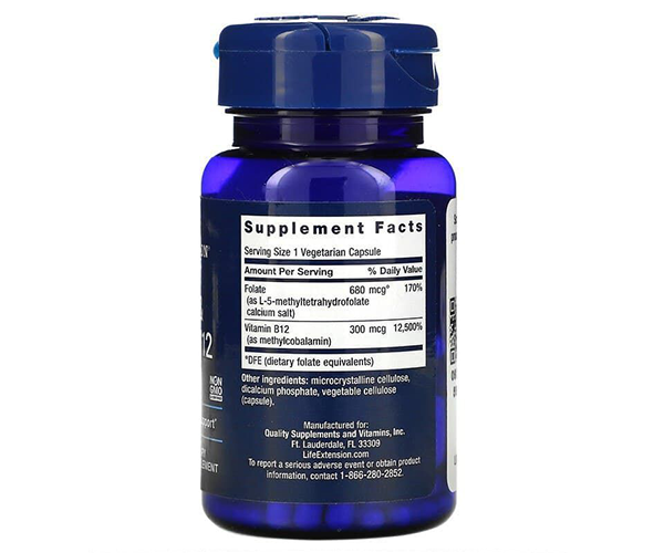 Фолиевая кислота и витамин B12 Life Extension (Folate and Vitamin B12) 680 мкг/300 мкг 90 капсул